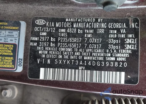 2013 Kia Sorento Lx z USA, uszkodzony, nr VIN 5XYKT3A14DG393820